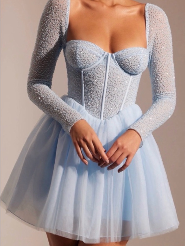 Oh Polly Baby Blue Embellished Corset Tulle Mini Dress